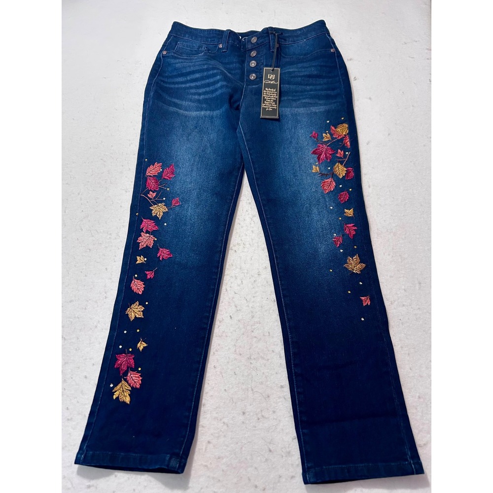 DG2 Diane Gilman Women PM Petite Embroidered Leaf Button Fly Dark Wash Jeans NEW